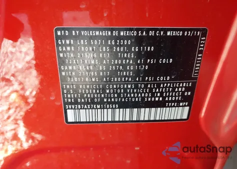 2019 Volkswagen Tiguan 2.0T Se/2.0T Sel/2.0T Sel R-Line/2.0T Sel R-Line Black z USA, uszkodzony, nr VIN 3VV2B7AX7KM118569